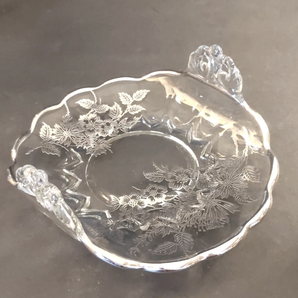 VTG Silver City Silver Floral Overlay Rolled Edge Dish MCM